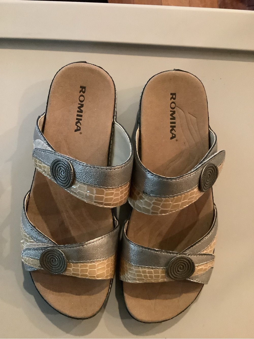 Romika Silver and Cream Double-Strap Comfort Slide Sandals 37 Brand New